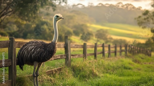 Ostrich standing near a wooden fence in a scenic green field. photo