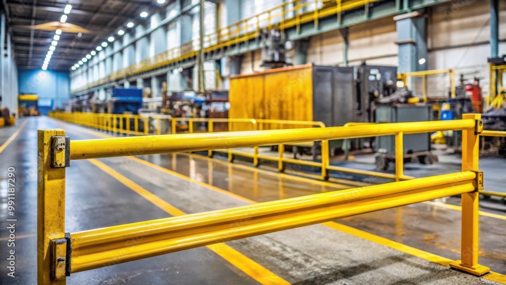 Galvanised yellow metal bar barrier with scratches on industrial machinery background Galvanised yellow metal bar barrier with scratches on industrial machinery background