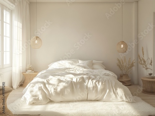 Wallpaper Mural A bedroom with beige walls, white bedding, and beige accessories. Simple pendant lighting and a fluffy white rug add a warm atmosphere Torontodigital.ca
