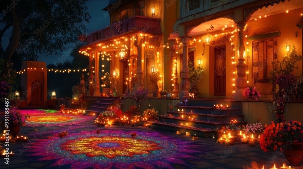 Vibrant Diwali Night Scenes: Illuminated Homes, Rangoli Patterns, and Festive Atmosphere Vibrant Diwali Night Scenes: Illuminated Homes, Rangoli Patterns, and Festive Atmosphere