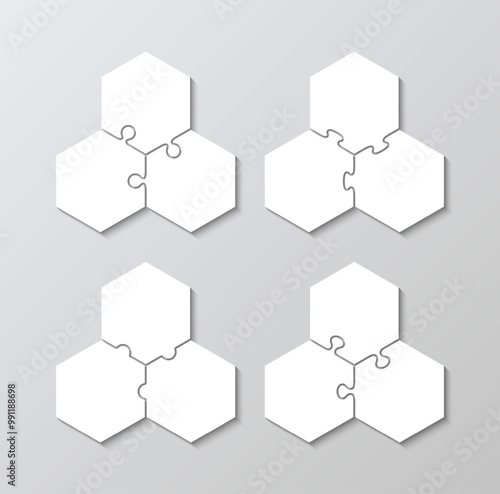 Hexagonal jigsaw templates set with 3 details. Cutting puzzle pieces grid collection. Hexagon scheme of thinking game. Modern background with mosaic shapes. Simple frame tiles. Vector illustration.