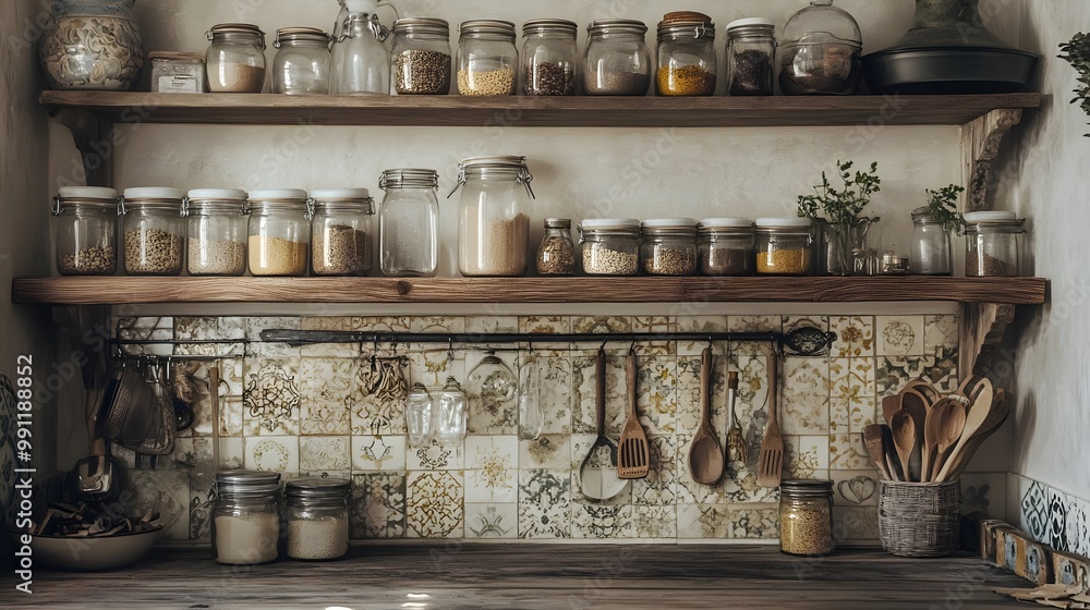 Stylish kitchen shelf with jars and utensils, rustic decor, warm lighting. Stylish kitchen shelf with jars and utensils, rustic decor, warm lighting.