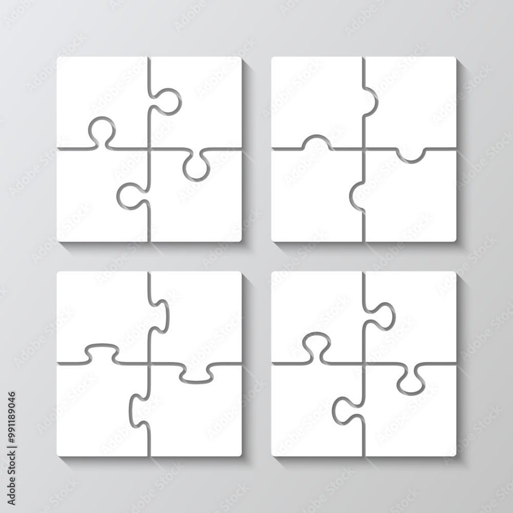 Cutting jigsaw grids templates set. 4 puzzle pieces templates collection. Scheme for thinking game. Simple mosaic background with separate details. Vector illustration. Cutting jigsaw grids templates set. 4 puzzle pieces templates collection. Scheme for thinking game. Simple mosaic background with separate details. Vector illustration.