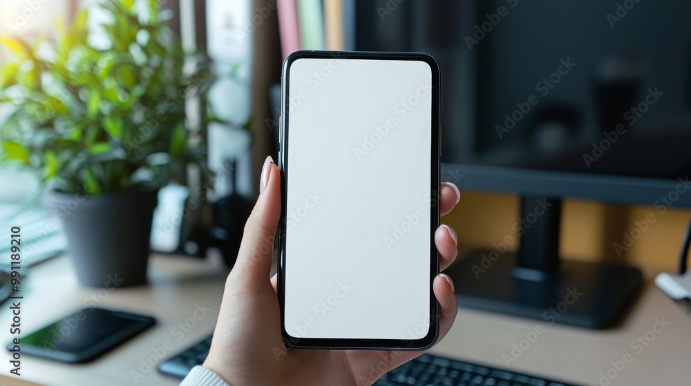 A woman's hand holds a smartphone with a blank screen, over a tidy desk with a plant and books, depicting a professional setting. A woman's hand holds a smartphone with a blank screen, over a tidy desk with a plant and books, depicting a professional setting.