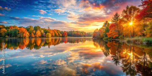 Wallpaper Mural A stunning sunrise over a tranquil lake with autumn foliage reflecting in the water Torontodigital.ca