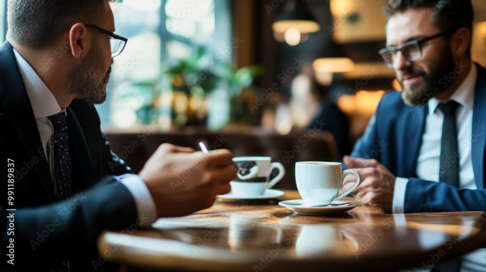Two business partners negotiating with calm and respectful communication over a coffee meeting Two business partners negotiating with calm and respectful communication over a coffee meeting