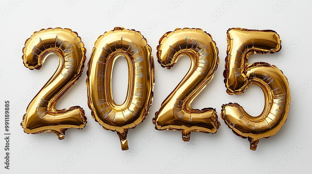 2025 in gold foil balloon letters on white background, happy new year 2025 in gold foil balloon letters on white background, happy new year