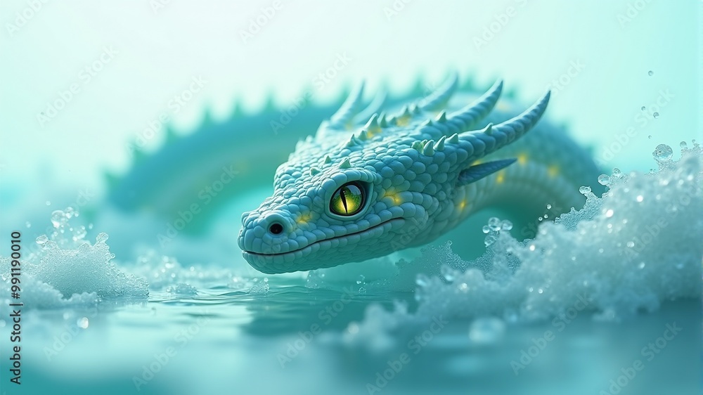 A turquoise dragon with yellow and green eyes splashes in the water A turquoise dragon with yellow and green eyes splashes in the water
