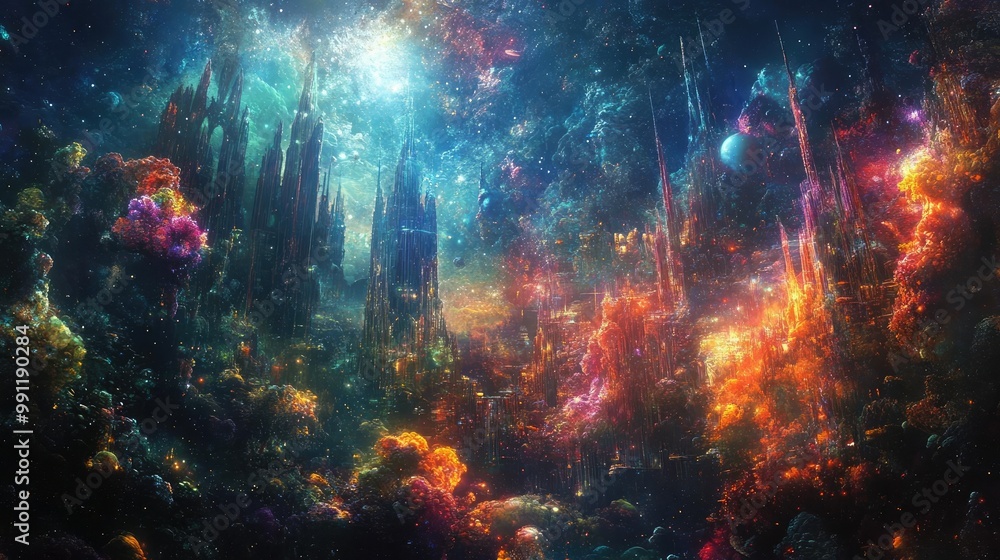 Worms-eye view of a vibrant underwater city, artistic movements blend with marine life, colors and patterns burst, surreal dreamscape Worms-eye view of a vibrant underwater city, artistic movements blend with marine life, colors and patterns burst, surreal dreamscape
