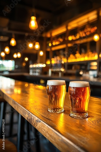 Two Glasses of Beer on Wooden Bar Counter