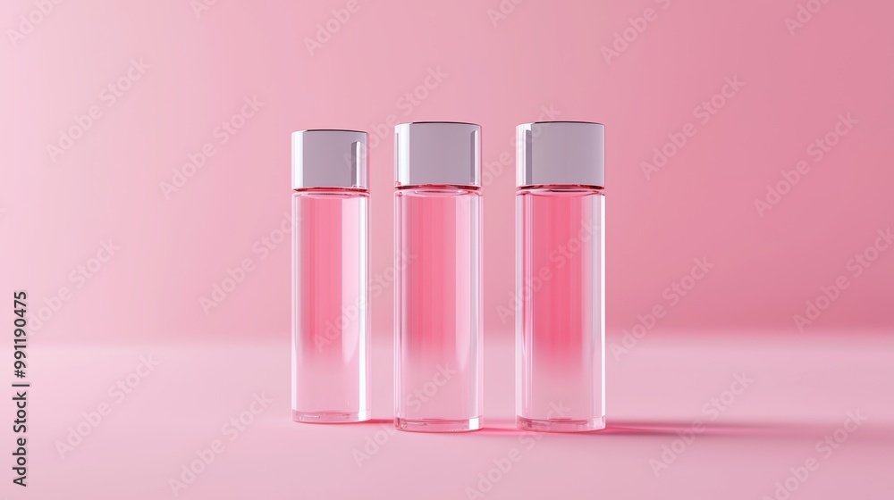 Three elegant cosmetic bottles with pink liquid on a pink background, showcasing a minimalist and modern beauty aesthetic. Three elegant cosmetic bottles with pink liquid on a pink background, showcasing a minimalist and modern beauty aesthetic.