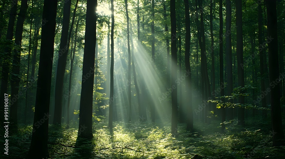 Obraz premium Sunlight filtering through dense forest trees, creating a serene atmosphere.