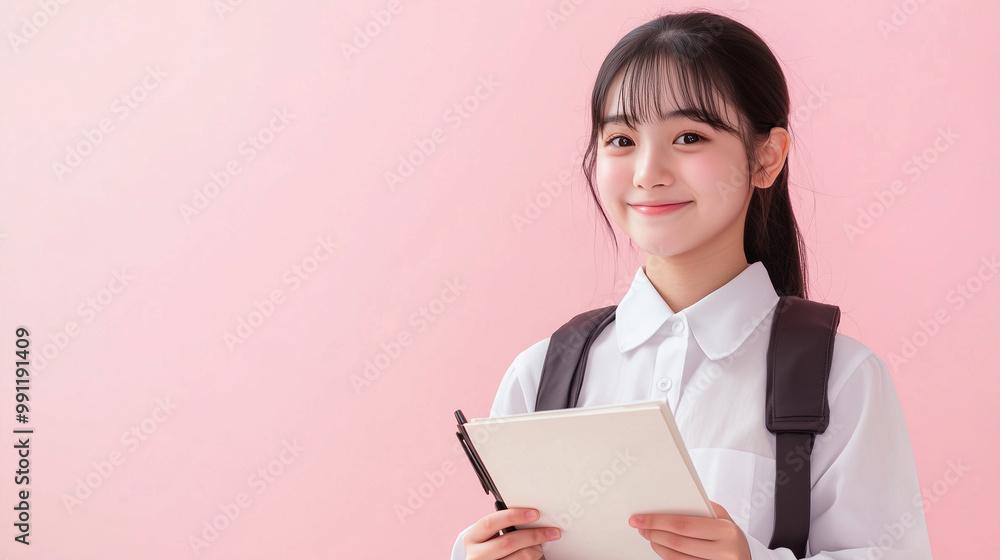 Smiling Girl Holding Notebook in School Uniform Smiling Girl Holding Notebook in School Uniform