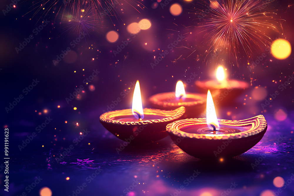 Bright Diwali background with a cascade of fireworks and glowing Diya flames Bright Diwali background with a cascade of fireworks and glowing Diya flames