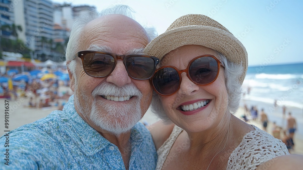 senior couple capturing beach memories with a joyful selfie, embracing the fun and relaxation of their retirement, smiling and enjoying the ocean, sand, and waves together senior couple capturing beach memories with a joyful selfie, embracing the fun and relaxation of their retirement, smiling and enjoying the ocean, sand, and waves together