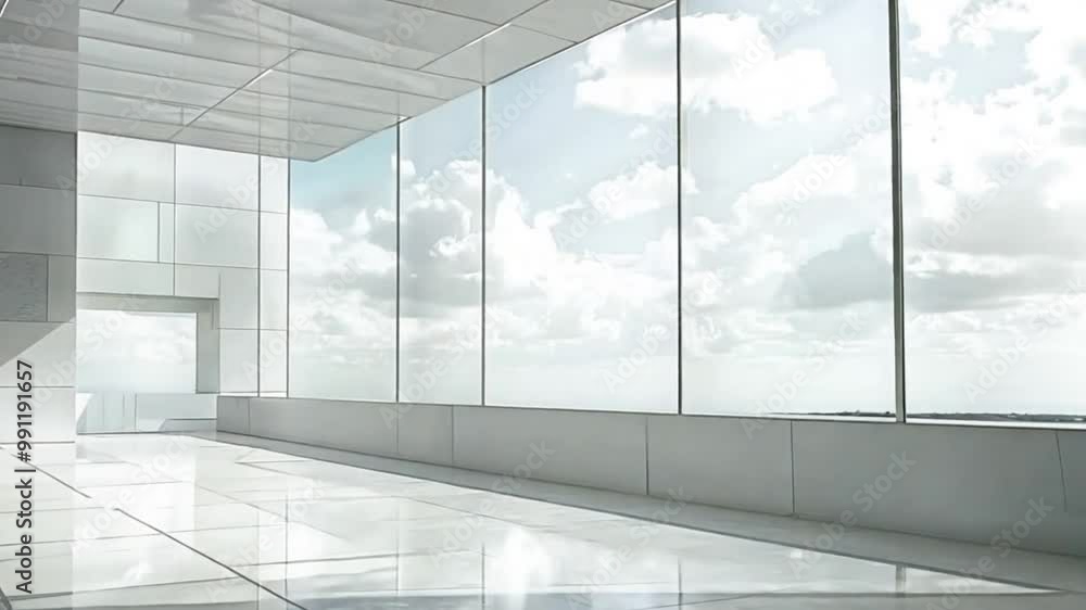Empty modern white interior with natural light and reflective floor. Open-concept modernity: a room of glass and light reflection. Empty modern white interior with natural light and reflective floor. Open-concept modernity: a room of glass and light reflection.