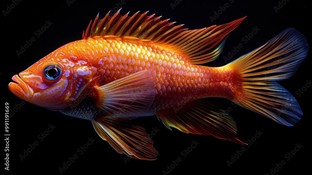 A vibrant red siam fish against a dark black backdrop. A vibrant red siam fish against a dark black backdrop.