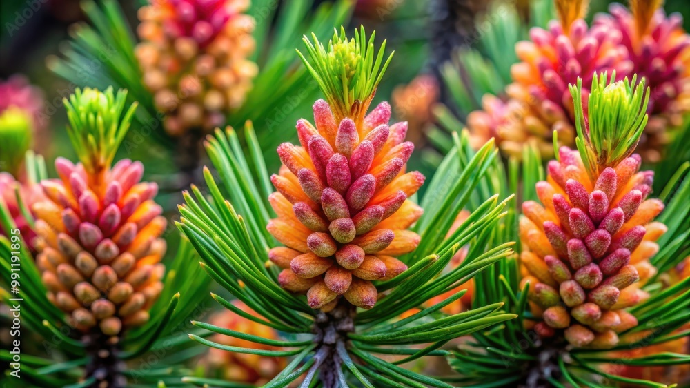 Fototapeta premium Close up of beautiful blooming dwarf mountain pine Pinus mugo inflorescence in vibrant colors