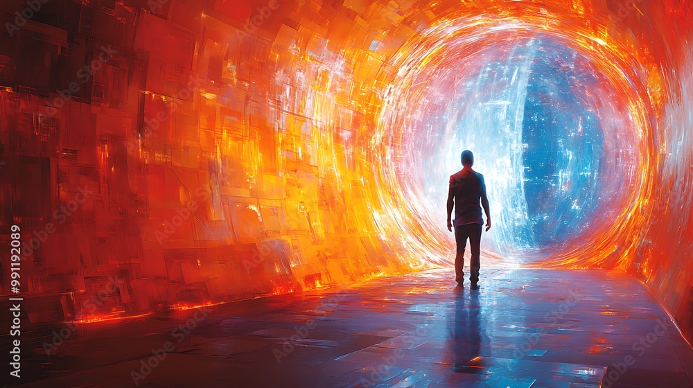 A lone figure stands before a swirling portal of light, representing the unknown future. A lone figure stands before a swirling portal of light, representing the unknown future.