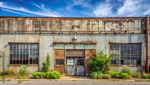 Old sheet metal industrial building in Tulsa, Oklahoma, USA with faded lettering, plants growing in windows and out of roof, and a for rent sign