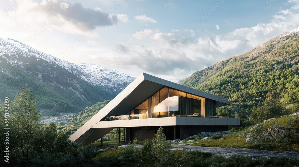A modern Scandinavian house with a cantilevered second floor, offering breathtaking views of the surrounding mountains and deep green valleys. A modern Scandinavian house with a cantilevered second floor, offering breathtaking views of the surrounding mountains and deep green valleys.