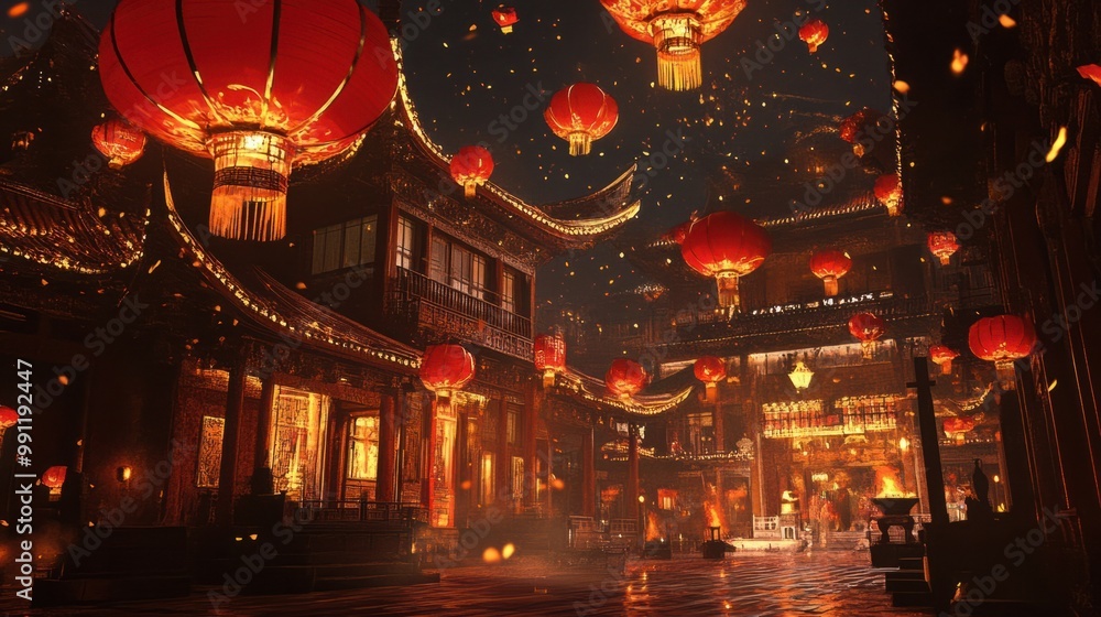 Bright red paper lanterns swaying in the breeze over a temple courtyard, surrounded by firecrackers and gold decorations. Bright red paper lanterns swaying in the breeze over a temple courtyard, surrounded by firecrackers and gold decorations.