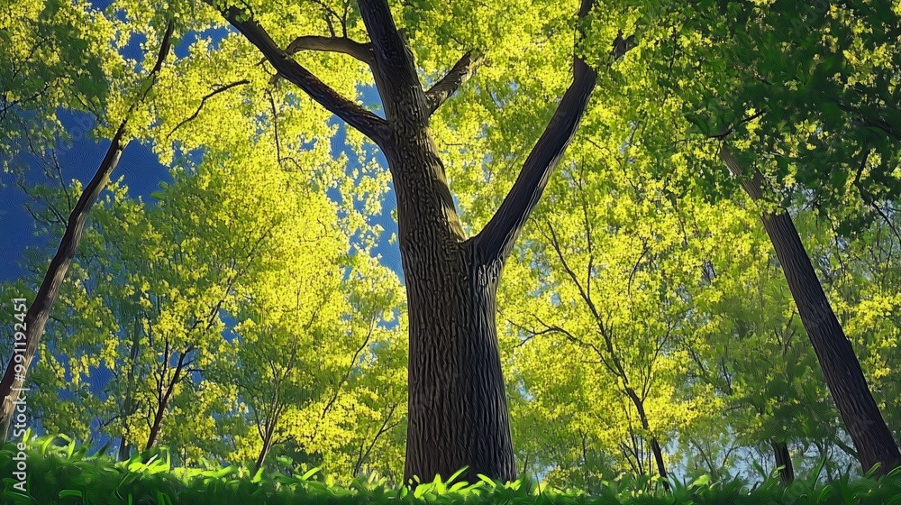 Fototapeta premium Pristine forest towering trees with green leaves on a bright sunny day