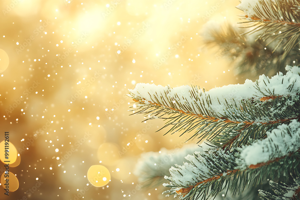 Yellow Christmas Background with Snow-Covered Trees Yellow Christmas Background with Snow-Covered Trees