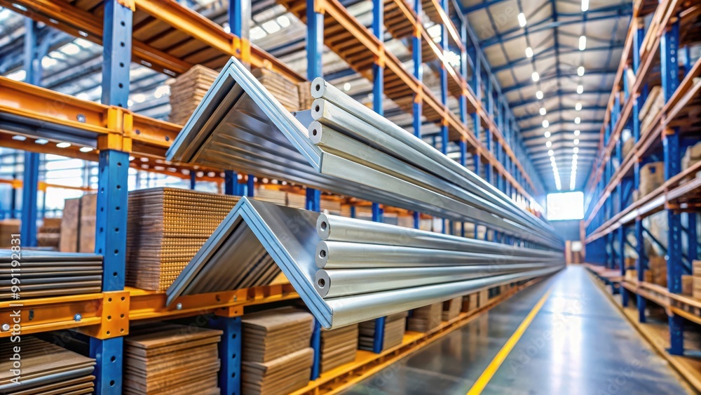 Steel angle iron placed on a rack in a warehouse Steel angle iron placed on a rack in a warehouse