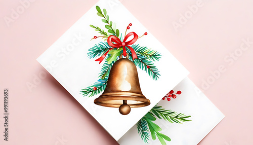 Festive Christmas card design featuring watercolors and jingle bells photo