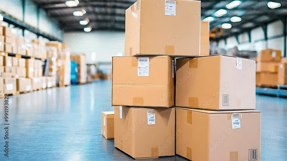 Overview of a warehouse interior with cardboard box stacks ready to shipping. E-commerce distribution and Logistic. Overview of a warehouse interior with cardboard box stacks ready to shipping. E-commerce distribution and Logistic.
