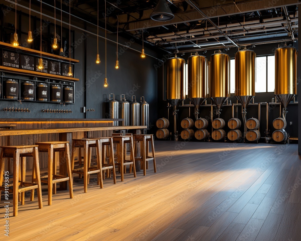 Modern Brewery Interior with Bar and Brewing Equipment Modern Brewery Interior with Bar and Brewing Equipment
