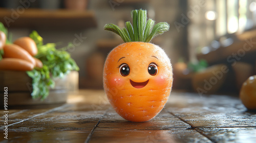 A happy cartoon carrot with a big smile sits on a wooden table. photo