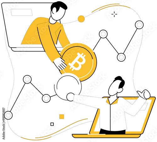 Bitcoin trading vector illustration. Blockchain, foundation, lays groundwork for secure and transparent financial future powered by Bitcoin Exchanging, alchemy, transforms mundane into extraordinary