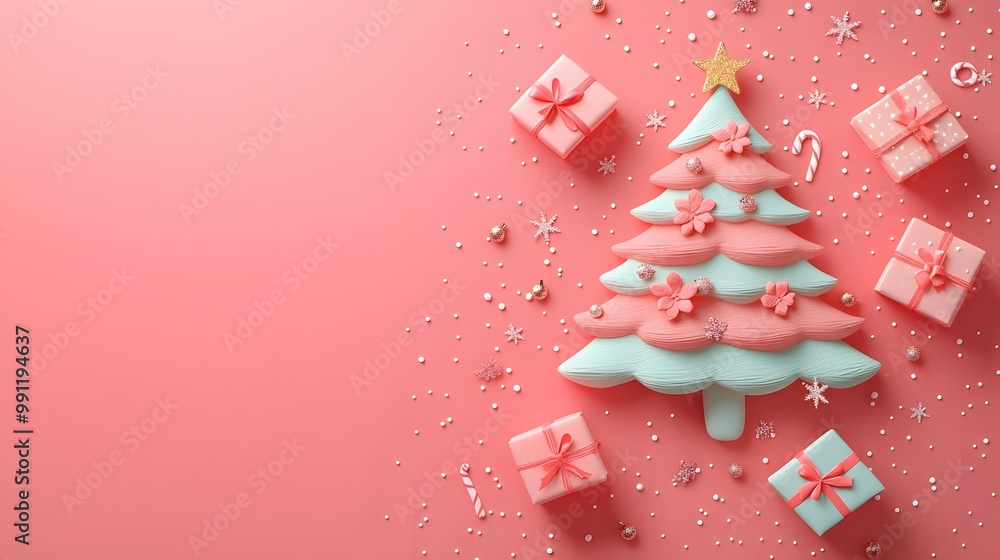 Pink and Green Christmas Tree with Gifts and Decorations on Pink Background Pink and Green Christmas Tree with Gifts and Decorations on Pink Background