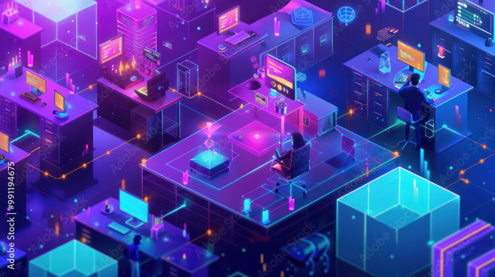 A decentralized office setup where employees collaborate through encrypted platforms, AI task management, and blockchain-secured workflows. A decentralized office setup where employees collaborate through encrypted platforms, AI task management, and blockchain-secured workflows.