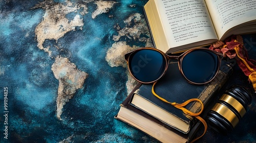 Travel essentials: books, sunglasses, and camera on a world map background. photo