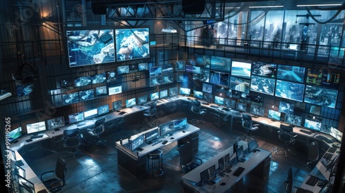 Modern Control Room with Multiple Monitors Displaying Surveillance Footage