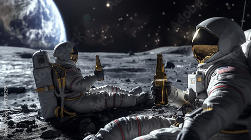 Astronauts drinking beer on the moon with Earth in the background. photo