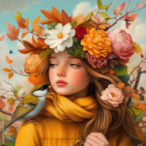 A girl in a vibrant floral crown gazes wistfully at a bird amidst colorful autumn foliage, blending nature and whimsy. photo