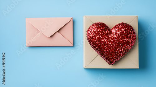 red heart with white envelope on blue background vintage style , White card with a red heart closeup on a blue background , love letter with red heart on blue background 