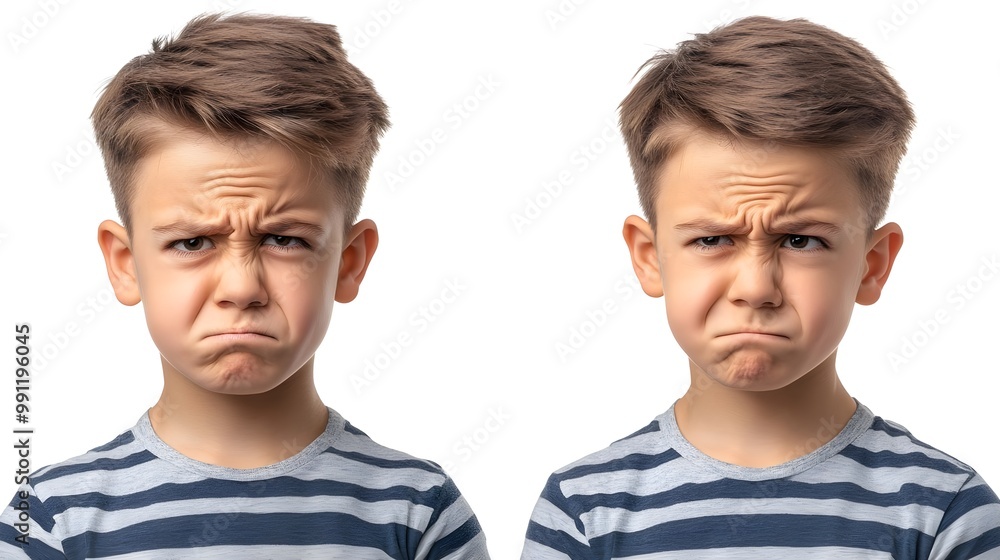 Two boys with upset expressions, white isolate background Two boys with upset expressions, white isolate background