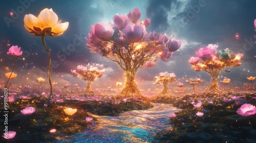 In the surreal 'hoa hoa hoa season,' massive flowers bloom from the sky and ascend toward the heavens, creating a kaleidoscope of patterns.