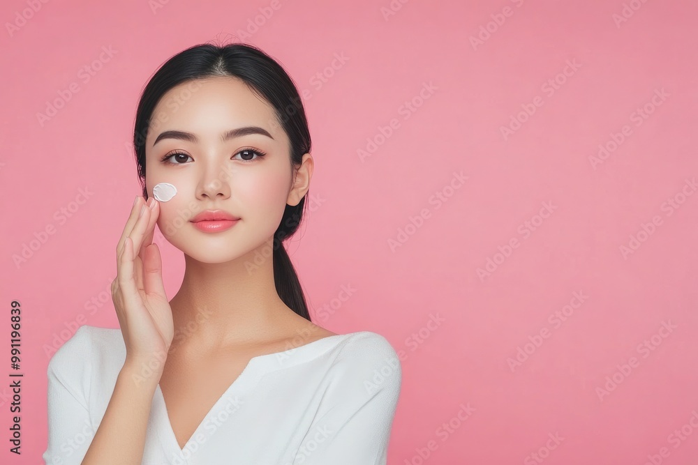Attractive charming calm young Asian woman applying cream on clean skin of face isolated on pink background with copy space. Beauty concept, natural skin, cosmetic care, spa, plastic surgery Attractive charming calm young Asian woman applying cream on clean skin of face isolated on pink background with copy space. Beauty concept, natural skin, cosmetic care, spa, plastic surgery