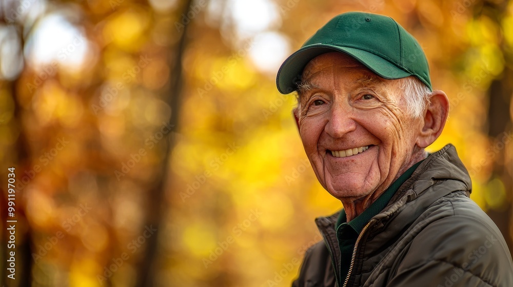 Elderly man with a bright smile in green cap and jacket on a golf course, autumn trees in the background, holding a golf club. Elderly man with a bright smile in green cap and jacket on a golf course, autumn trees in the background, holding a golf club.