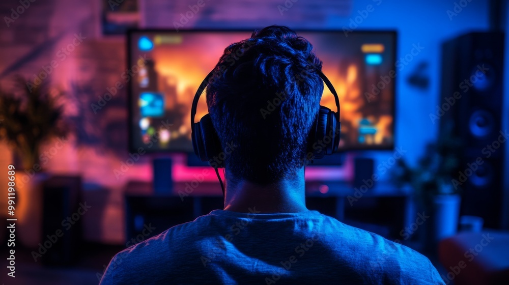 Happy asia man gamer wear headphone competition play video game online with smartphone colorful neon light in living room at night modern house. Esport streaming game online, Home quarantine activity Happy asia man gamer wear headphone competition play video game online with smartphone colorful neon light in living room at night modern house. Esport streaming game online, Home quarantine activity