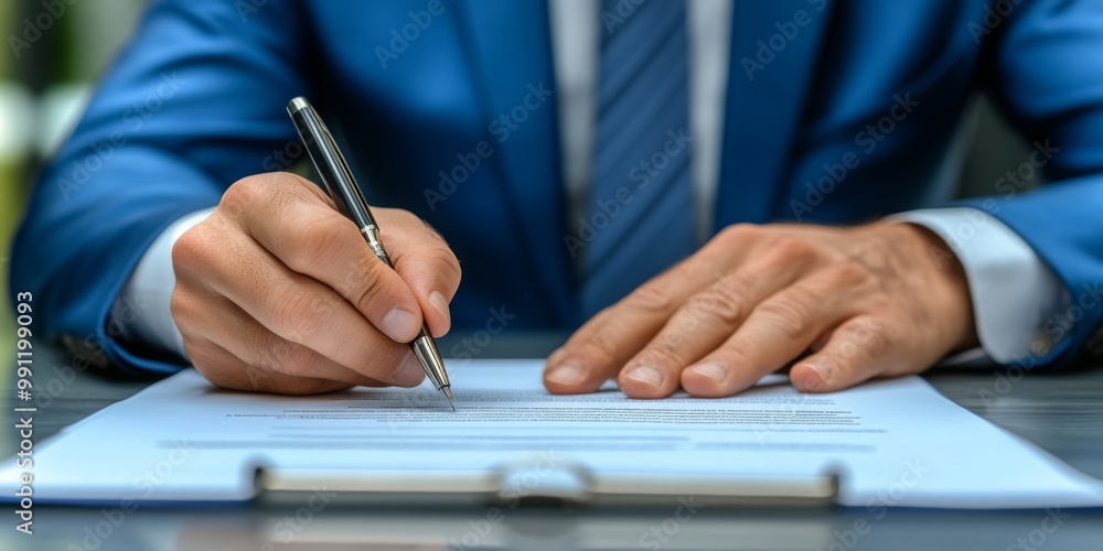Businessman sitting at desk holds pen signing contract paper, lease mortgage, employment hr or affirm partnership Businessman sitting at desk holds pen signing contract paper, lease mortgage, employment hr or affirm partnership