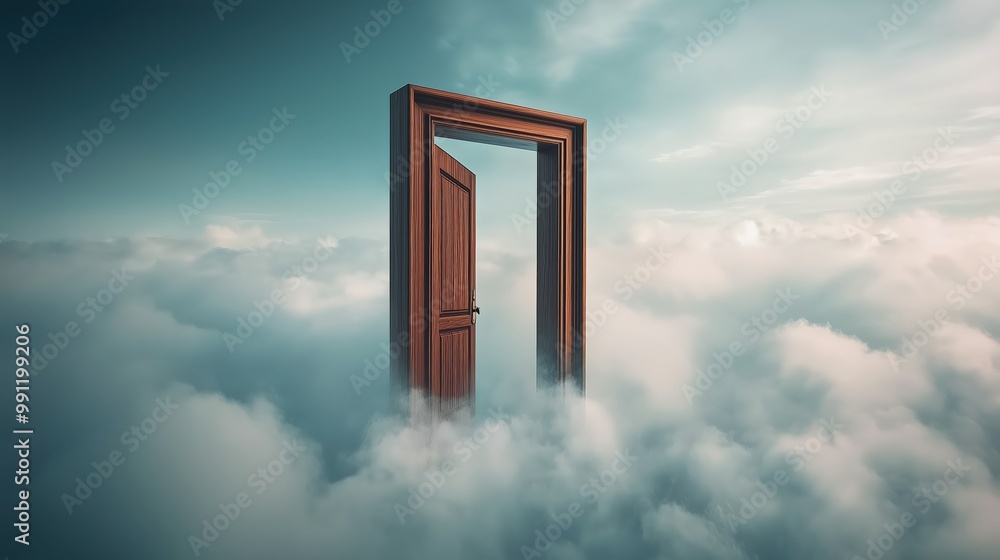 Door floating in the sky surrounded by clouds Door floating in the sky surrounded by clouds