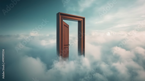 Door floating in the sky surrounded by clouds