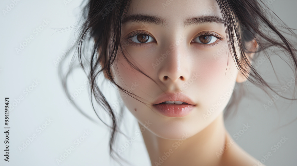 Japanese Girl with Windswept Hair and Soft Expression Japanese Girl with Windswept Hair and Soft Expression
